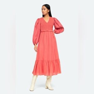 Sea NY Pink Long Sleeved Hattie Ramie Smocked Dress in Sorbet Ruffled